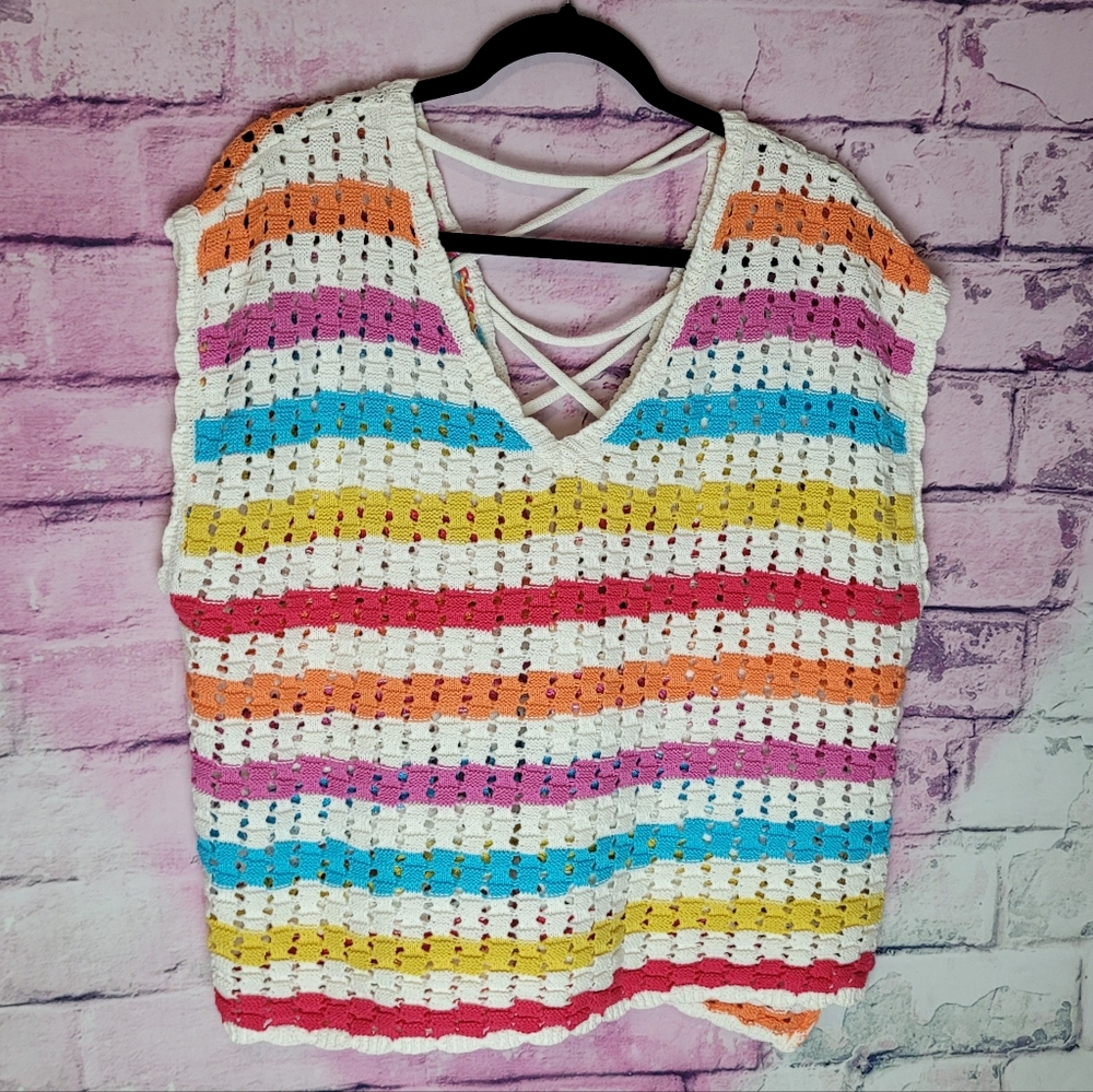 JUDITH MARCH 100% COTTON CROCHET OPEN KNIT CROSS BACK SWEATER TANK TOP LARGE